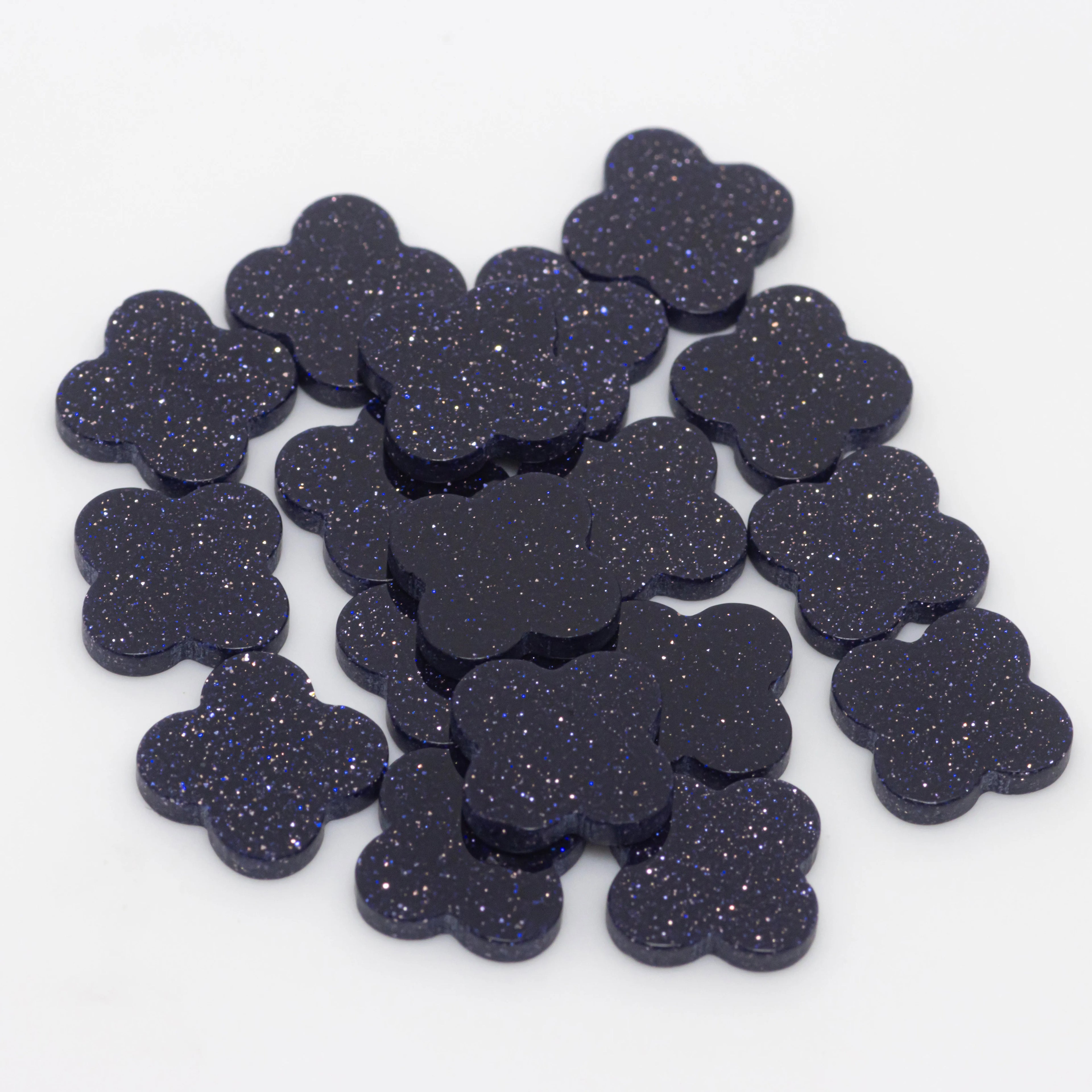 HanYu High Quality Four-Leaf Clover Shape Double Flat Goldstone Gemstone 10mm Blue Sand