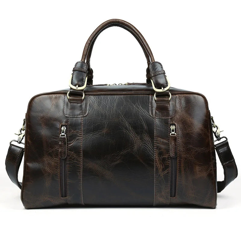 Custom LOGO Vintage Fashion Genuine Leather Duffel Bag Zipper Closure Large Capacity Dark Brown/Coffee 46x22x28CM Durable Travel