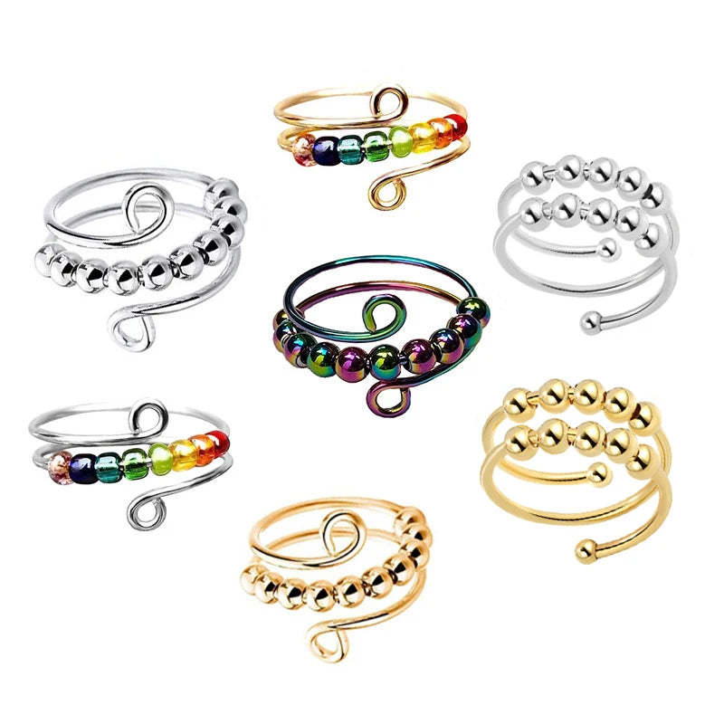 Wholesale Tarnish Free Silver 18K Gold Plated Stainless Steel Rotating Beaded Anti Anxiety Relief Fidget Ring Jewelry for Women
