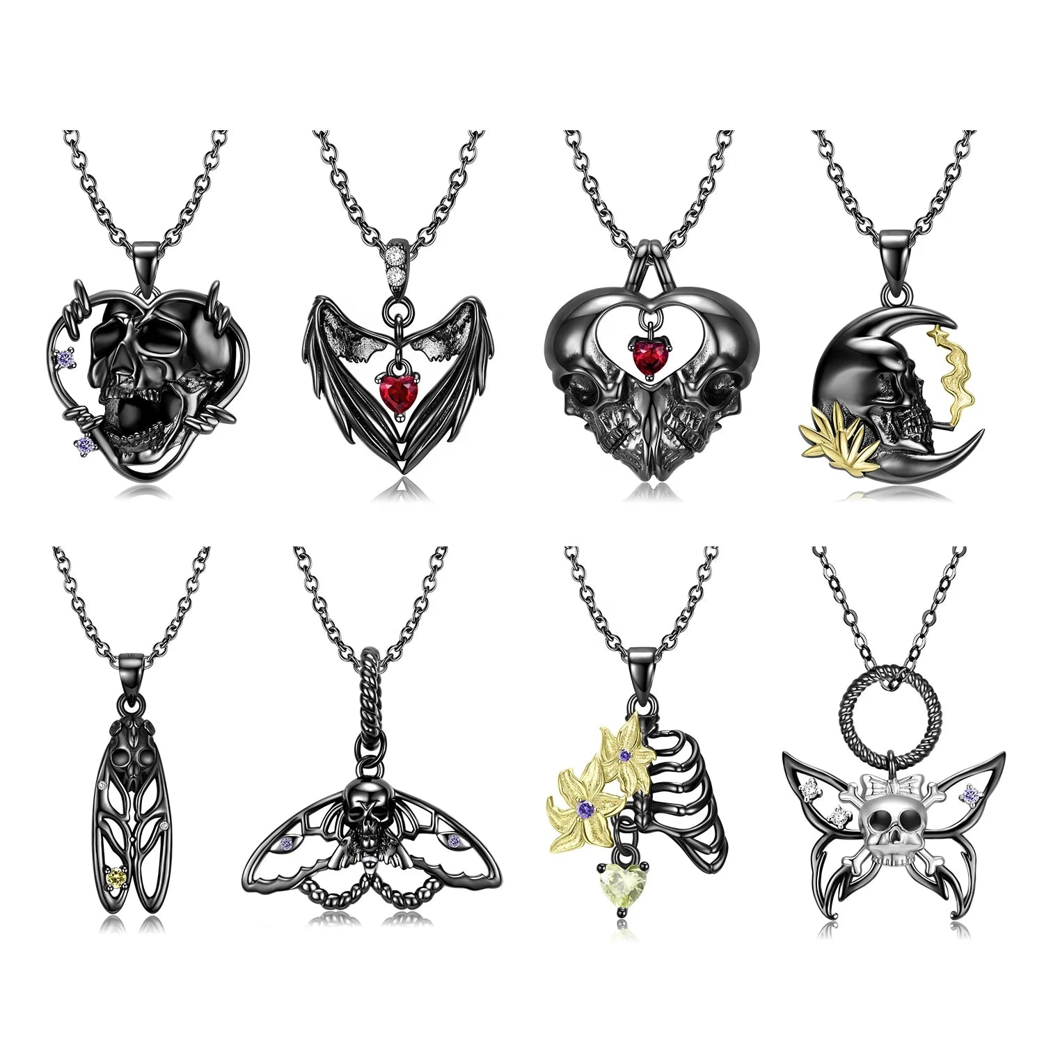 Heart and Skull Pendant for Necklace Real 925 Sterling Silver Moon and Moths Pendant Flower Skeleton Necklace for Women Jewelry