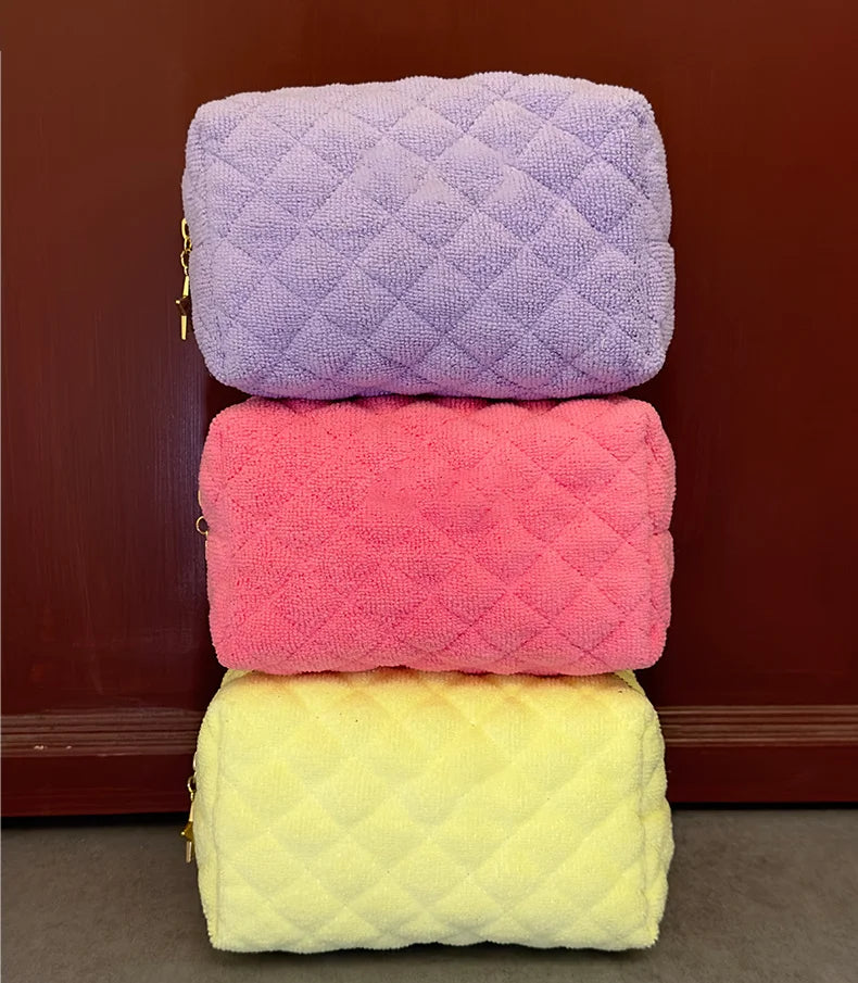 Custom Candy Color Quilted Soft Skin Care Cosmetic Pouch Terry Towel Cloth Make up Bag