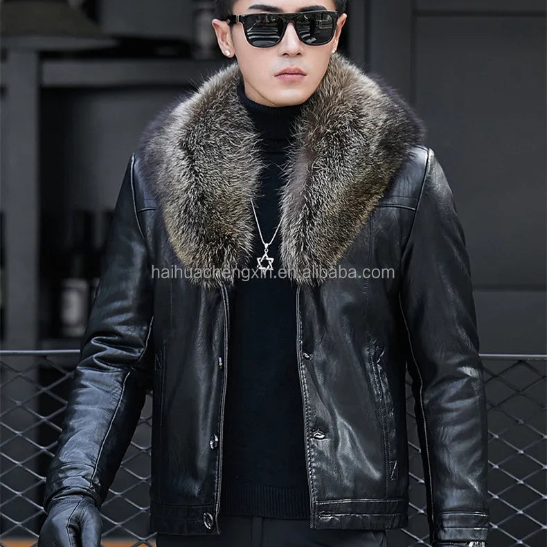 Custom Men's Winter Leather Jacket Fashion Black Sheep Genuine Varsity with Stand Fox Collar Handmade in Pakistan