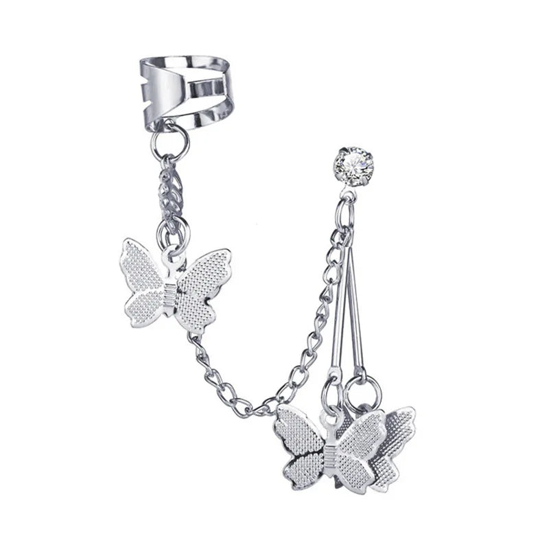 AA00176 Fashion Butterfly Clip Earrings Ear Hook Double Pierced Earring Butterfly Tassel Chain Ear Clips Women Girls Jewelry