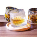 200ml Creative Rocking Whiskey Liquor Glass Mug Set Vertical Line Premium Slanted Round Bottom Whisky Glass Cup with Wood Base