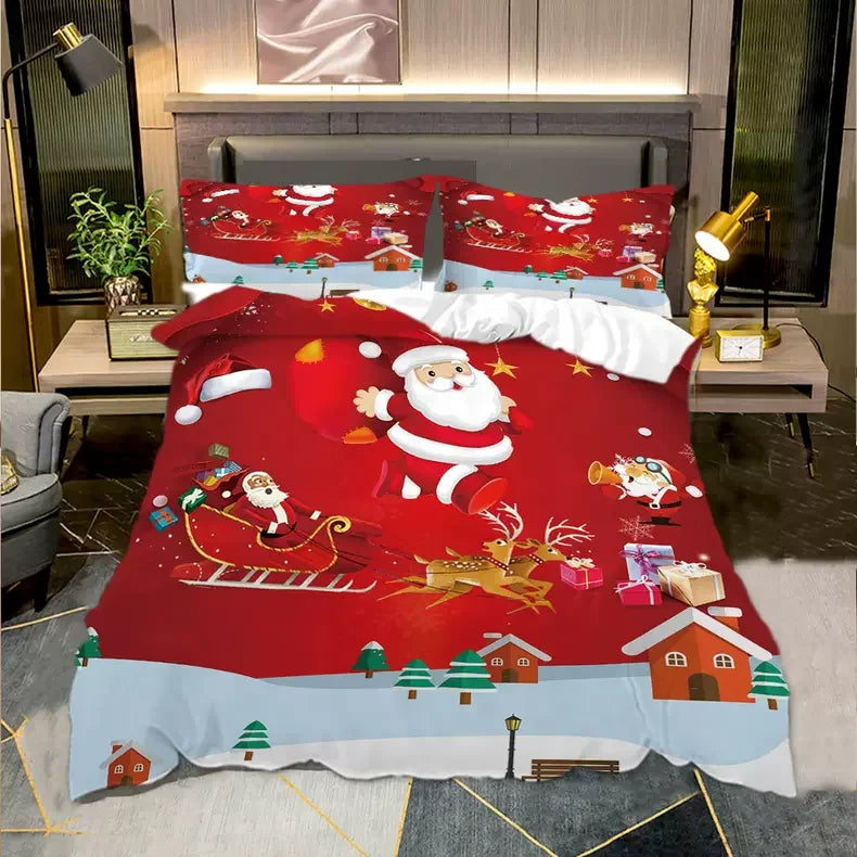ODM Polyester 3pcs Bedding Set Snowflakes Bed Sheet Christmas Home Textile Red 3D Printing Decoration Duvet Cover Set