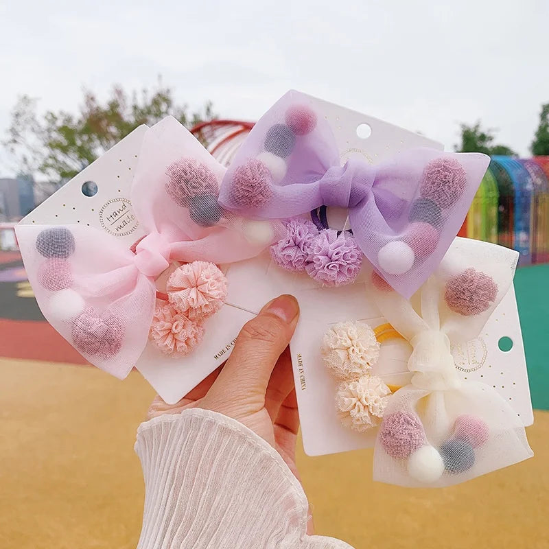 New Design Lovely Bow Hair Clip Cut Fur Ball Elastic Hair Tie 3 Pcs/Set  for Kids Hair Accessories