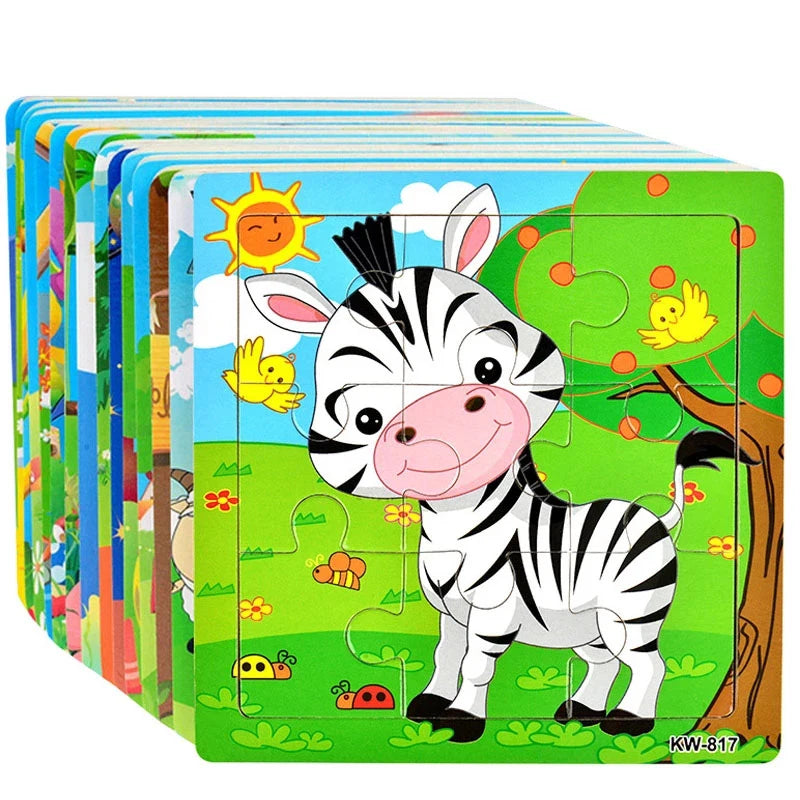 Wholesale 9 PCS Preschool Intelligence Cartoon Cardboard Painting Personalized 3D Wooden Jigsaw Animal Puzzle Educational Toy