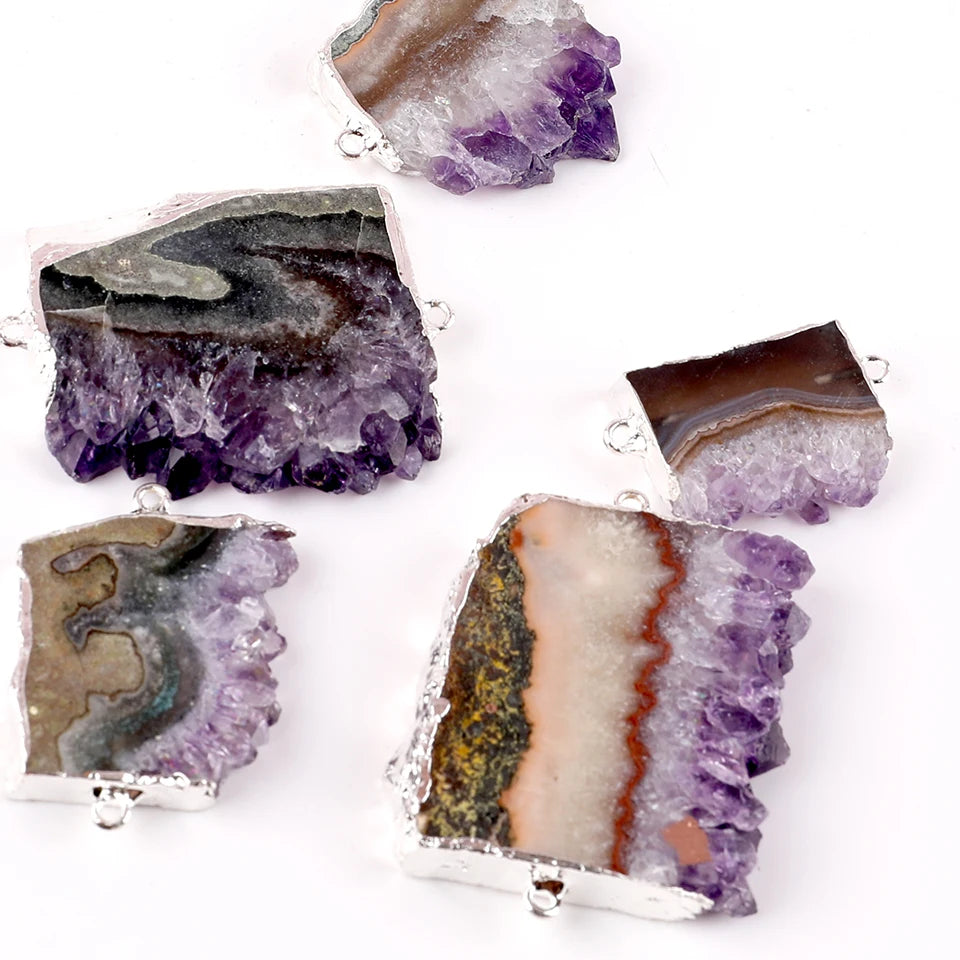 Special Irregular Rough Crystal Amethyst Cluster Slice Pendant Silver Plated Natural Real Raw Amethyst Slice Pendant