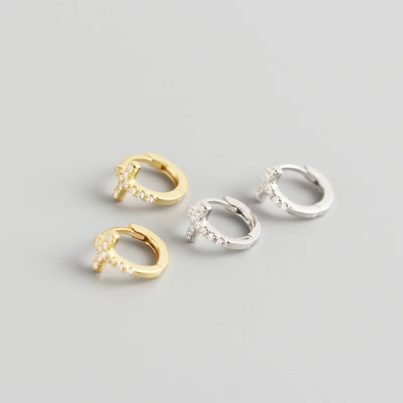 Religion Jewelry 18K Gold Plated 925 Sterling Silver Pave CZ Diamond Cross Hoop Earrings for Man Women
