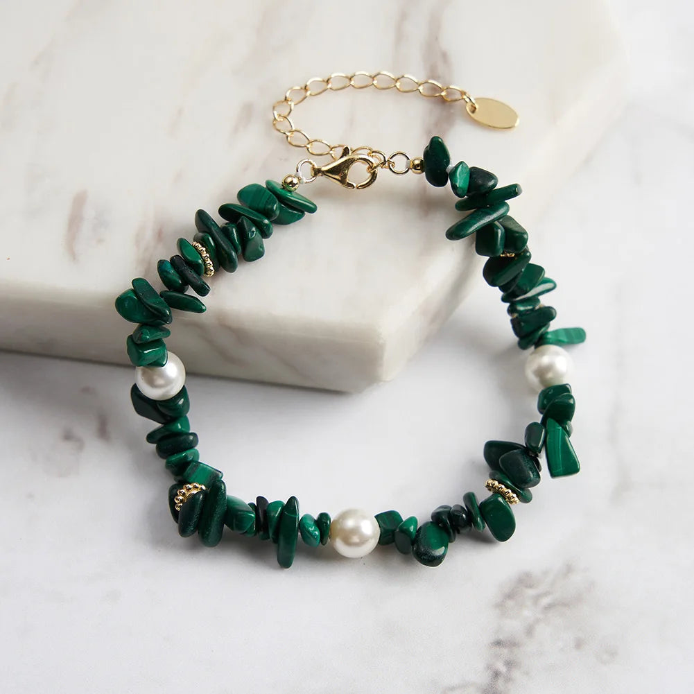 RINNTIN GMB59 Real Malachite Natural Crystal Gemstone Irregular Beaded Bracelets 14K Gold Plated Handmade Jewelry