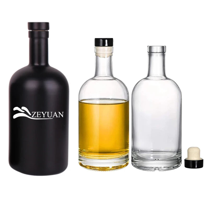 750ml Black Vodka Bottle With Custom Screen Printing Empty Gin Bottle Rum Tequila Whisky Brandy Glass Bottle With Cork