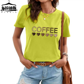 Women's 140 Gsm Cotton T-Shirt Fashion Casual Style O-Neck with Heart Coffee Letter Logo Graphic Print Breathable Short Sleeve