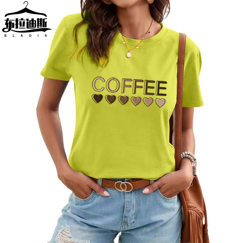 Women's 140 Gsm Cotton T-Shirt Fashion Casual Style O-Neck with Heart Coffee Letter Logo Graphic Print Breathable Short Sleeve