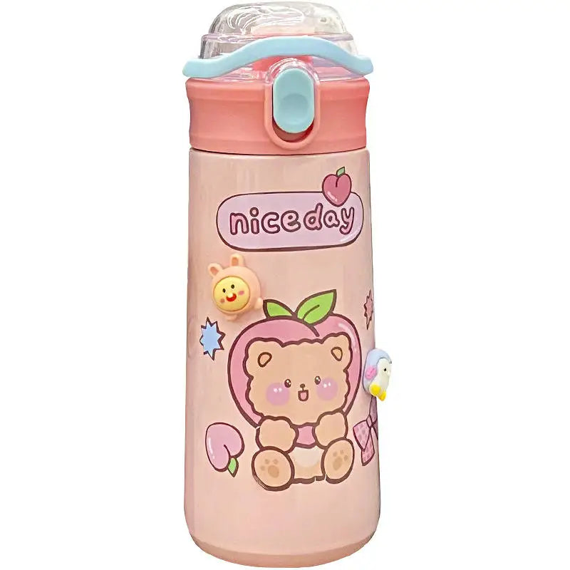 Madou 20oz Kawaii Kids Water Cup with Portable Handle Leakproof Straws Bouncing Pea Water Bottle for Camping