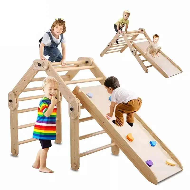 Wooden Kids Rocking Climbing Gym Frame Indoor Triangle Ramp Preschool Exercise Equipment Playground Toys