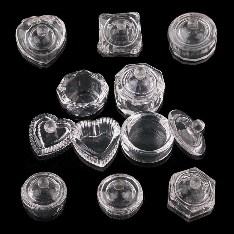 Professional Portable Clear Glass Nail Crystal Dappen Dish with Acrylic Liquid Cup Lid and Brush Cleaner Tool