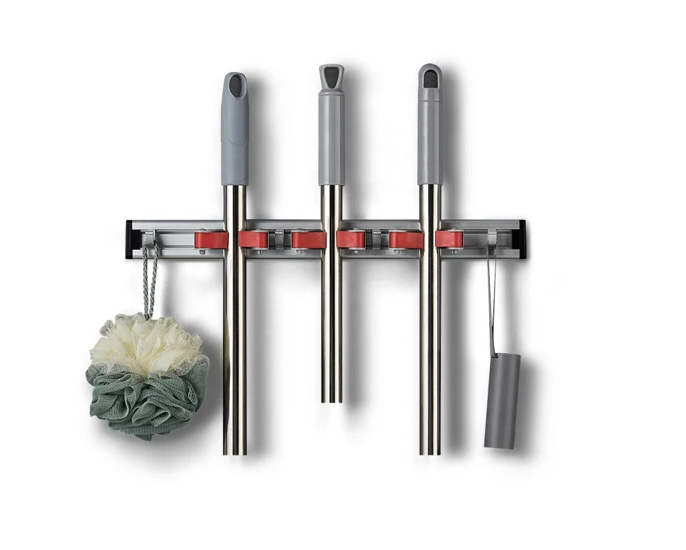 Modern Wall Mount Broom and Mop Hook Holder Cleaning Tool Organizer Rack with Stylish Hanger