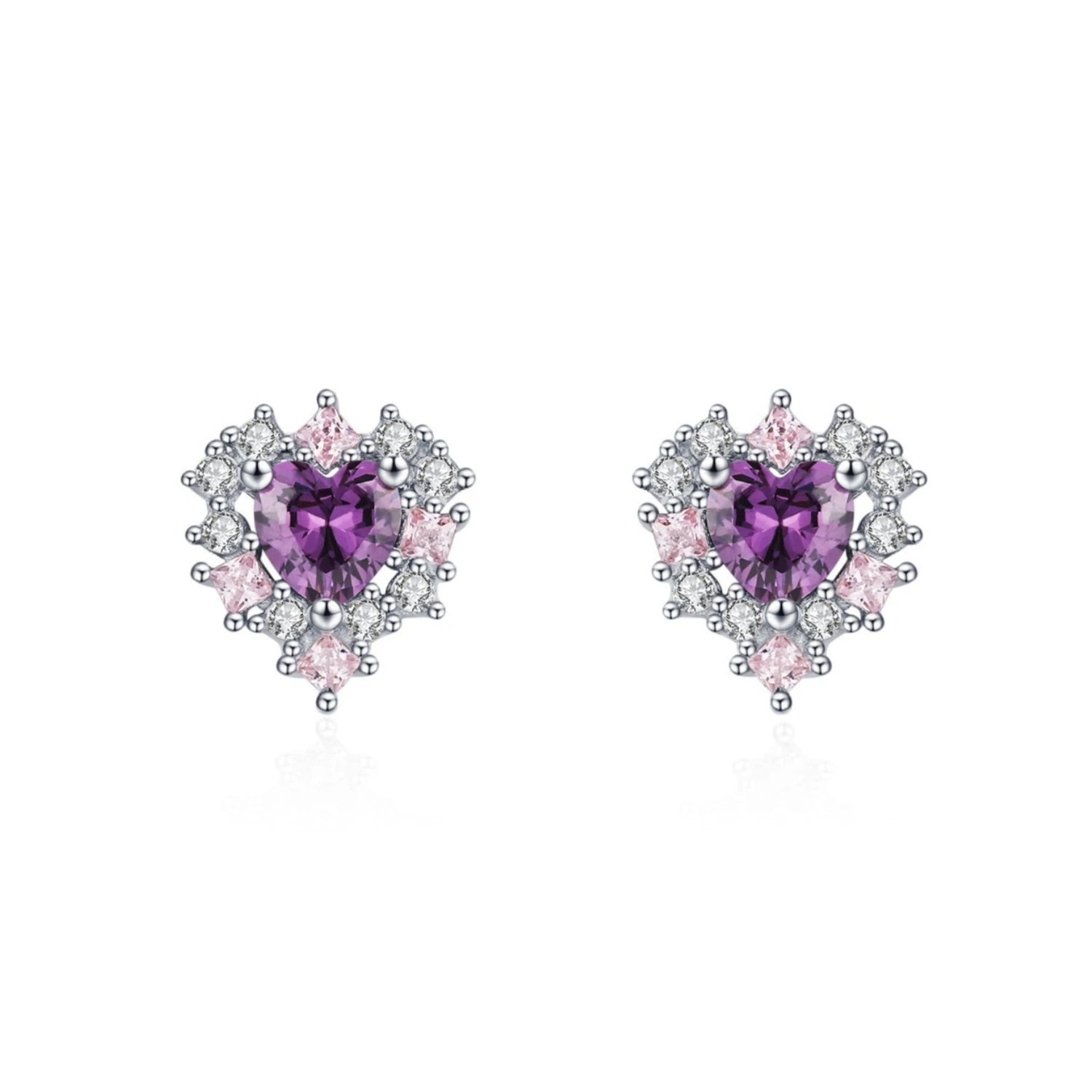 Hot Wholesale 925 Sterling Silver Purple Diamond Stud Earrings Heart Shaped Zircon Elegant Earrings for Women