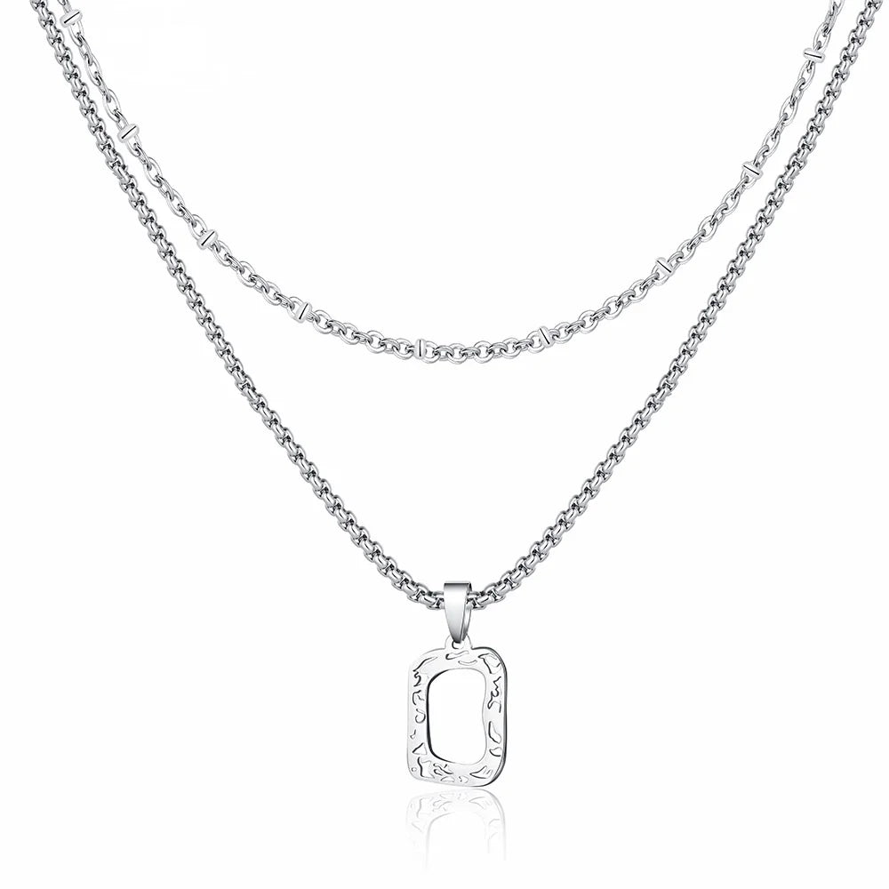 Double Titanium Steel Geometric Necklace with Irregular Hollow Square Fashion Pendant Trendy Stainless Steel Jewelry