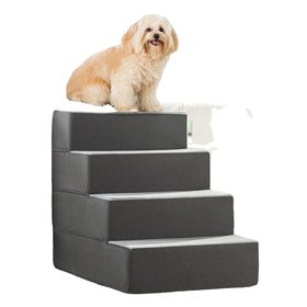 Portable Folding 3/4 Step Dog Ramp Solid Linen Pattern Wood Pet Stairs Removable Velvet Cover High Beds/Couches Outdoor Cat