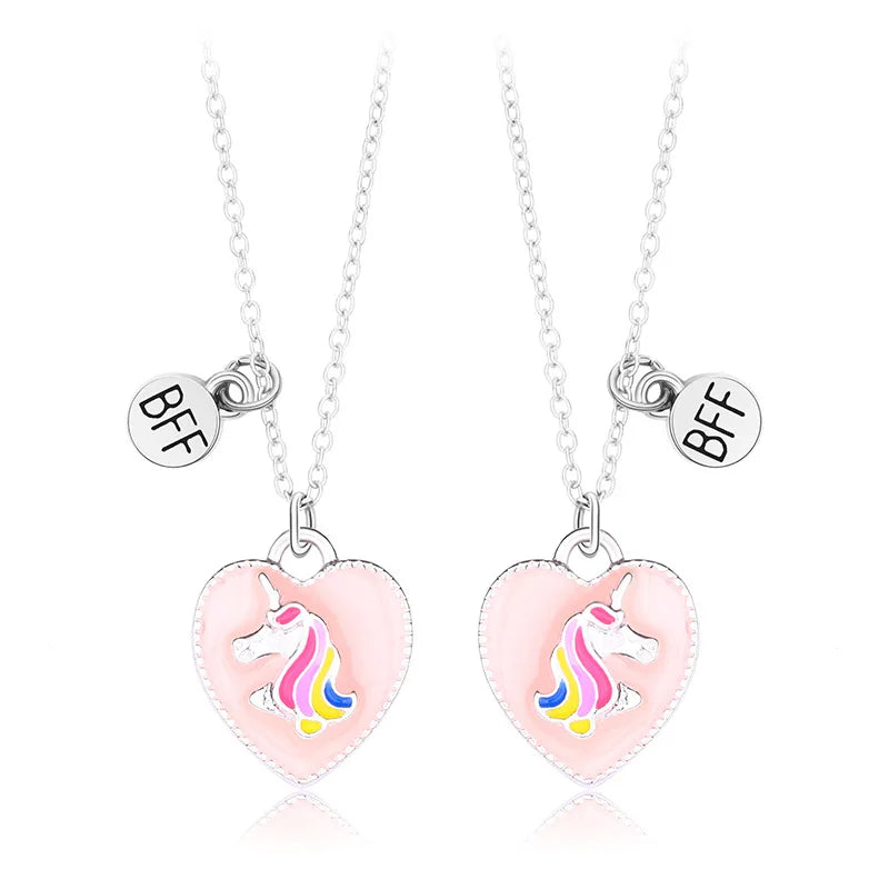 Best Friend Jewelry for Girl Cute Unicorn Enamel BFF Necklace 2Pcs/Set Horse Heart Design BFF Necklace for Children