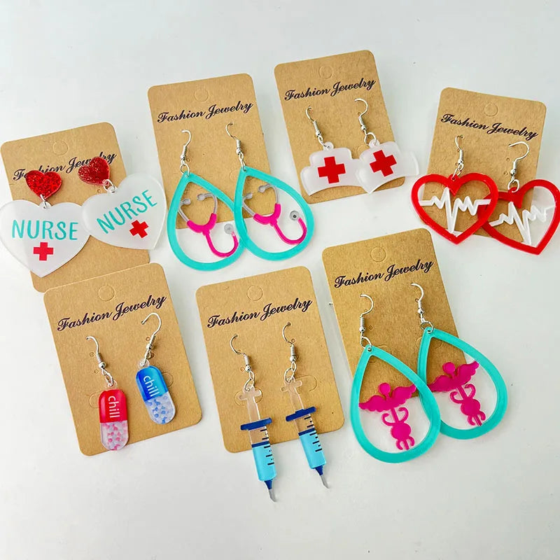 Fashion Nurse Geometric Acrylic Earrings Personalized Healthcare Worker Pills Stethoscope Syringe EKG Earrings