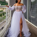 White Wedding Bride Robes Bridal Shower Dress Off Shoulder Long Sleeve Side Split Beads Illusion Bodice African MW387