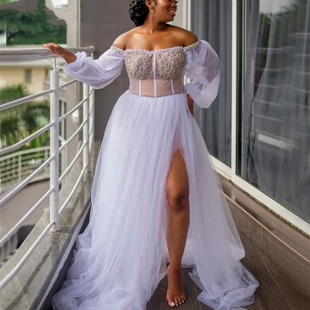 White Wedding Bride Robes Bridal Shower Dress Off Shoulder Long Sleeve Side Split Beads Illusion Bodice African MW387
