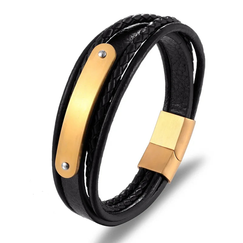 Personalized Jewelry Charms Multilayer Stainless Steel Magnetic Clasp Bracelet Braided Engraved Leather Wrist Bracelet for Men