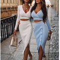 Autumn Deep V Skinny Long Sleeve Top Split Button Fashion Wrap Hip Dresses Solid Color Fashion Set
