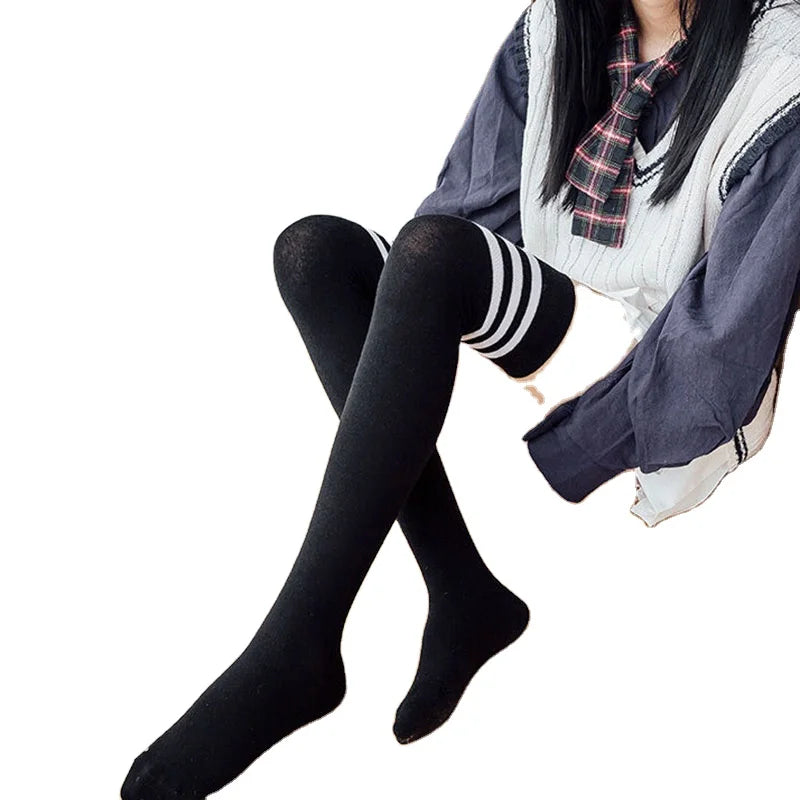 New Design Lovely Japanese Girls Ladies Over Knee Socks Striped Double Needle Double Way Wholesale Stockings Women's Socks