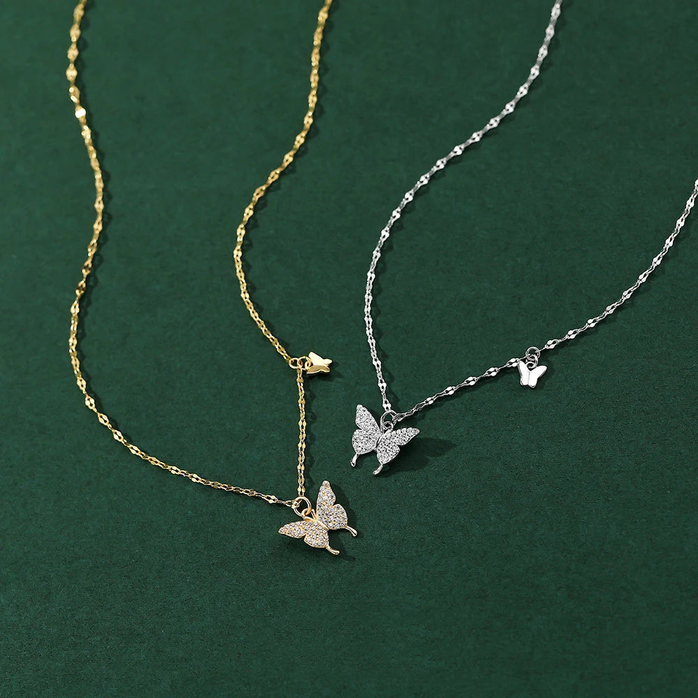 Fine 925 Sterling Silver Diamond Butterfly Pendant Women Fashion High Quality Necklace