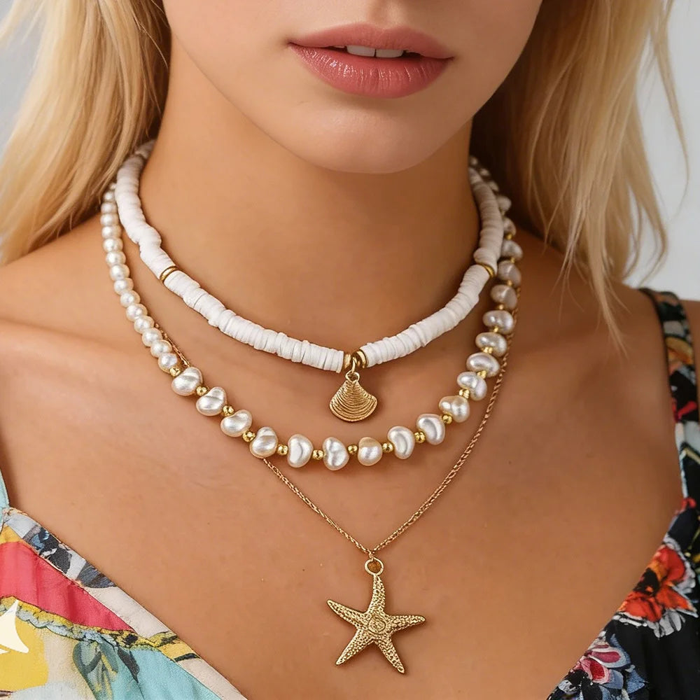 3 Pieces Boho Starfish Conch Pendant Imitated Pearl Necklaces Set for Women Trendy Ladies Stacked Beaded Chokers Fashion Jewelry