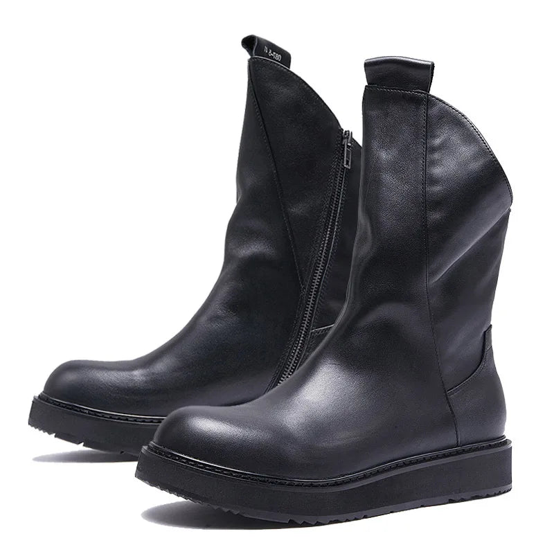 Autumn Winter Light Luxury Zipper Boots Mid-Calf Original Retro First Layer Cowhide Thick Sole for Boots Men's Head Composite