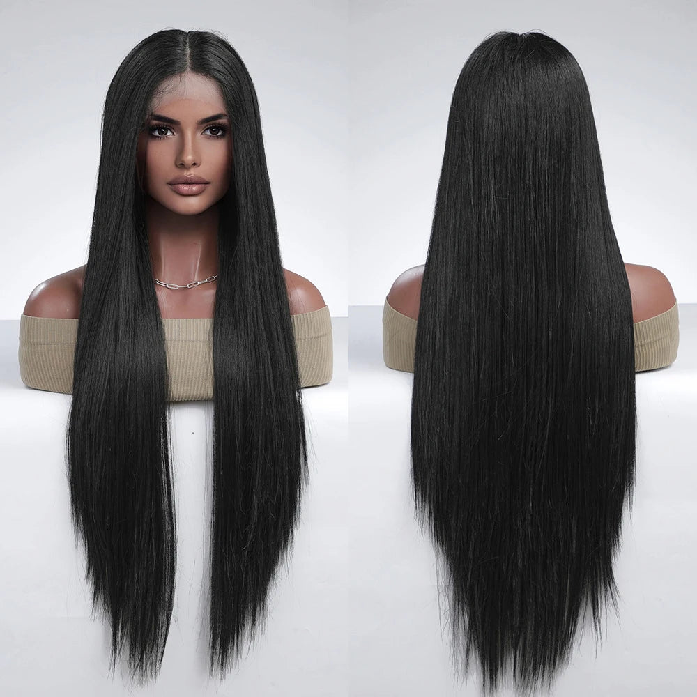 Factory Synthetic T-part Lace Wigs Part Long Straight Black Wigs for Women Heat Resistant Daily Party Use Wig