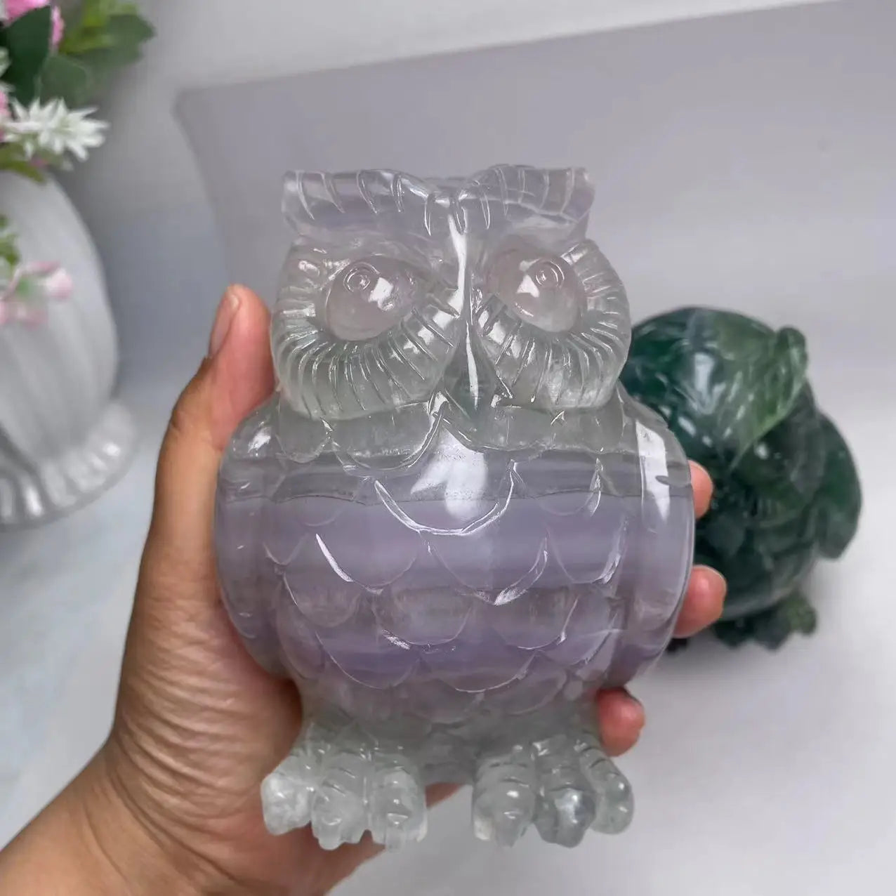 Cute Carvings Natural Crystal Stone Fluorite Carved Owl Carving Crystal Crafts