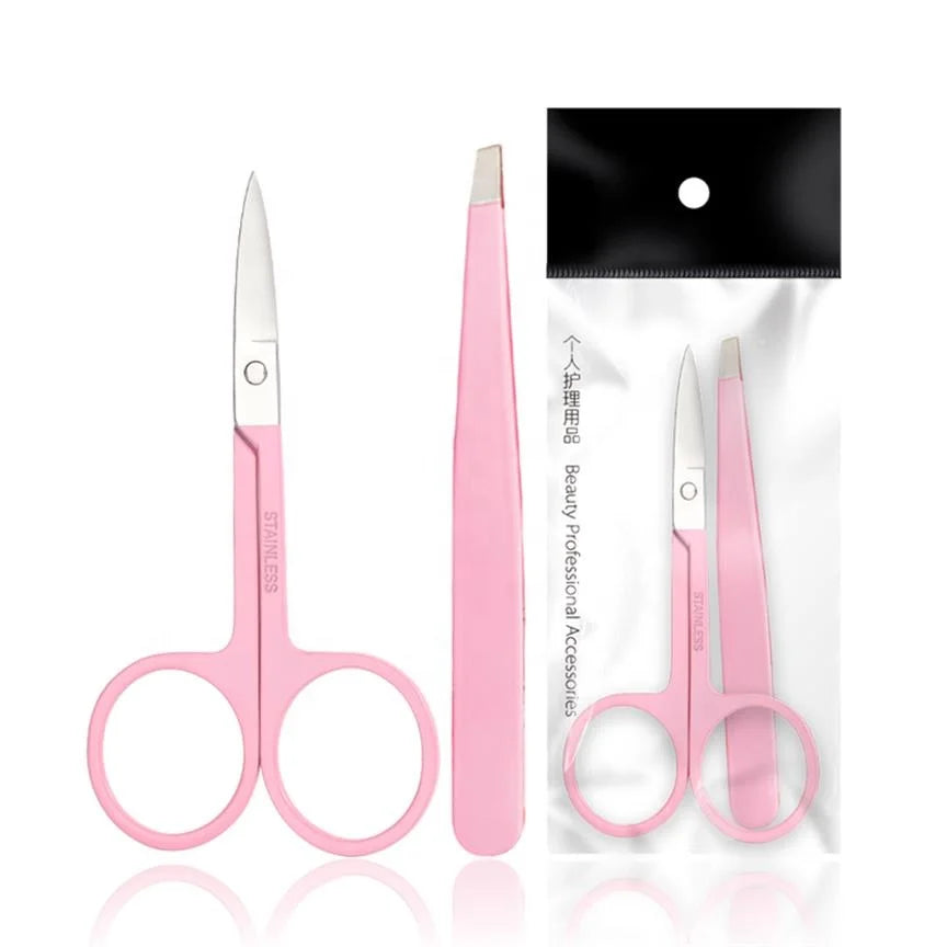 Customized 2pcs pink Color Eyebrow Tweezers Scissors Set With Ploybag
