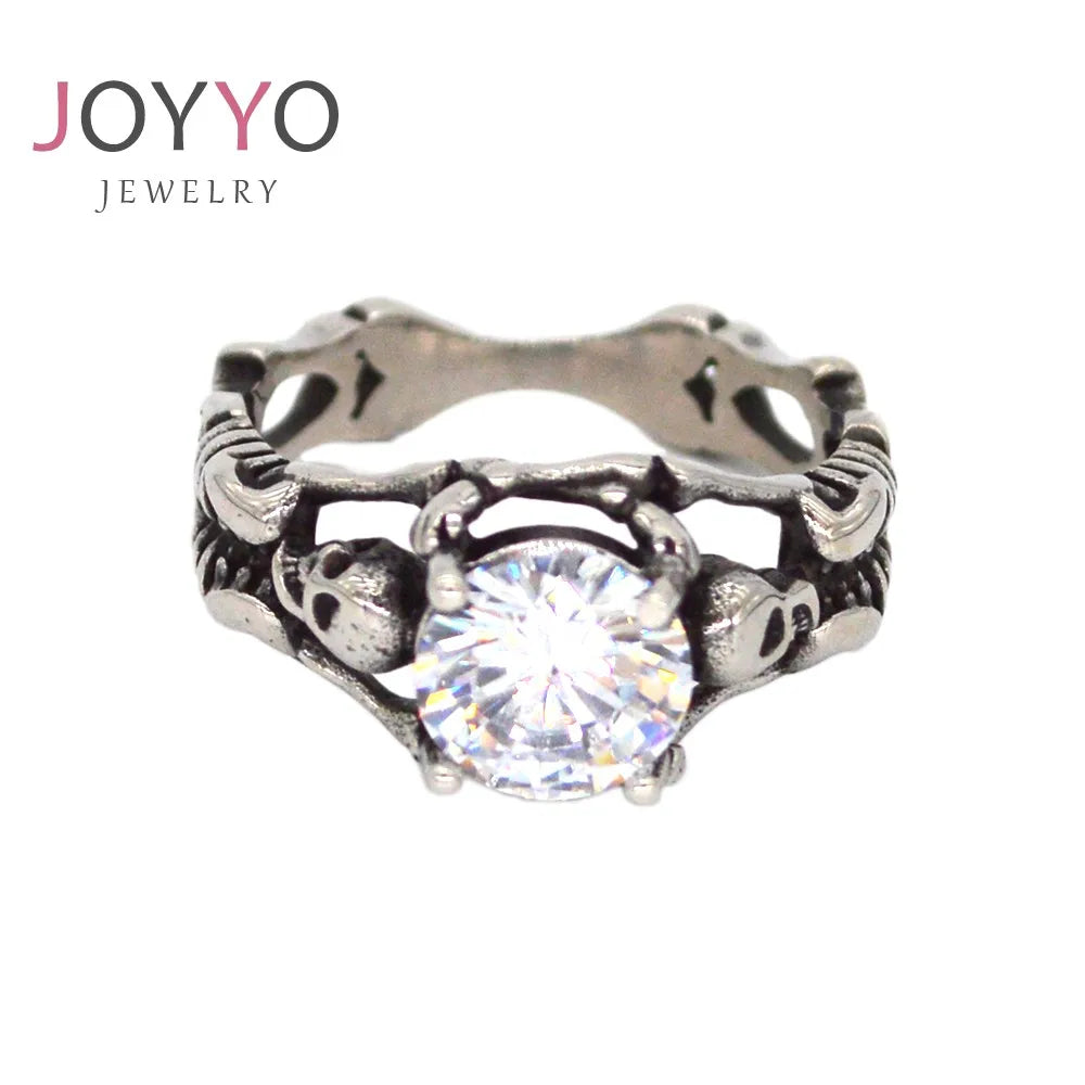 High Quality Vintage Stainless Steel Gothic Retro Silver Diamond Zircon Skull Skeleton Rings for Men Women