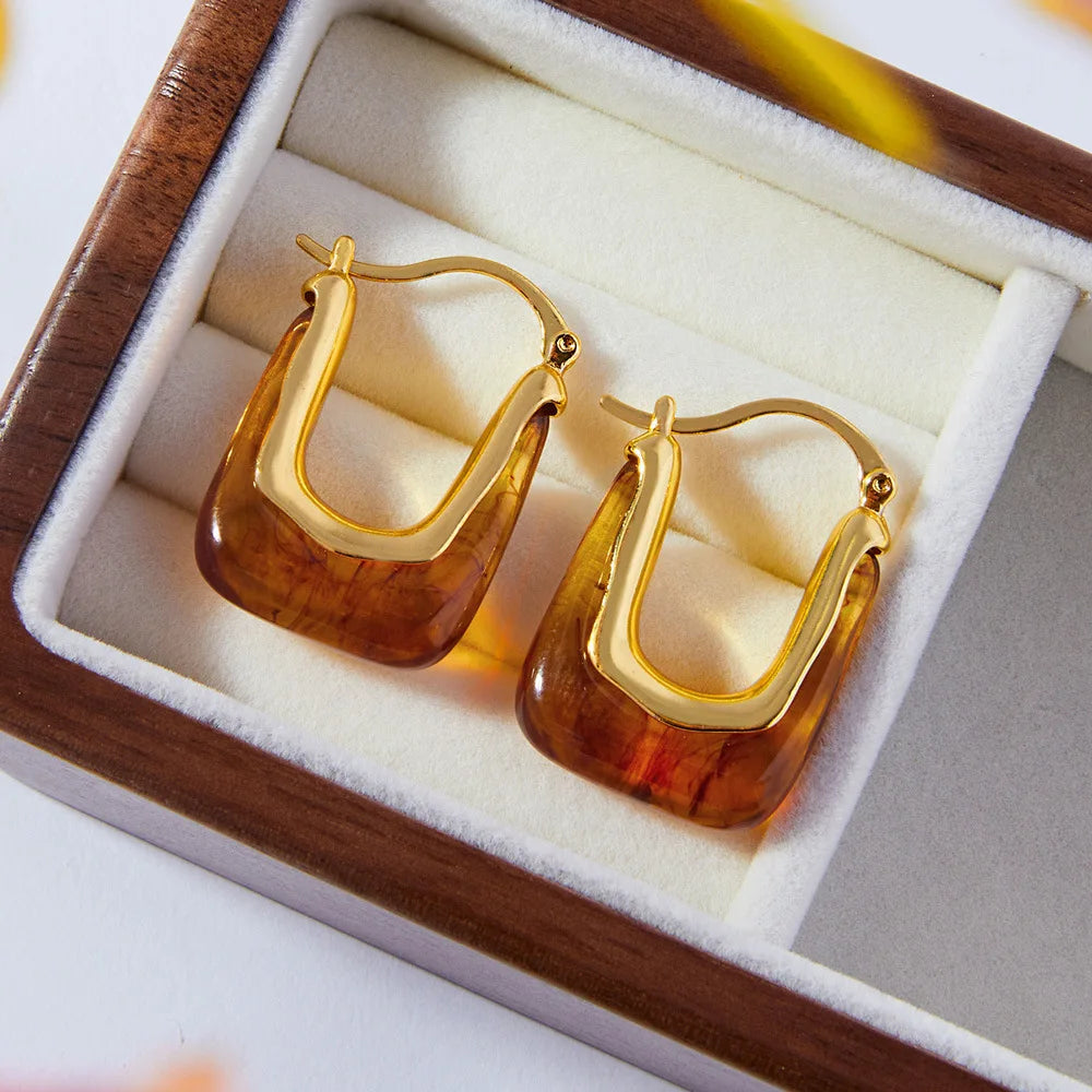 Amber Resin Hoop Earrings 18K Gold Plated Brown Geometric Earrings Luxury Bohemian Gift Hypoallergenic Statement Jewelry