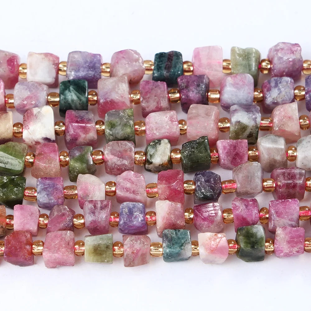 JSES Wholesale A+ Natural Colorful Tourmaline Cube Beads 5-8mm Loose Gem Stone Beads for Jewelry Making Bracelet DIY Accessories
