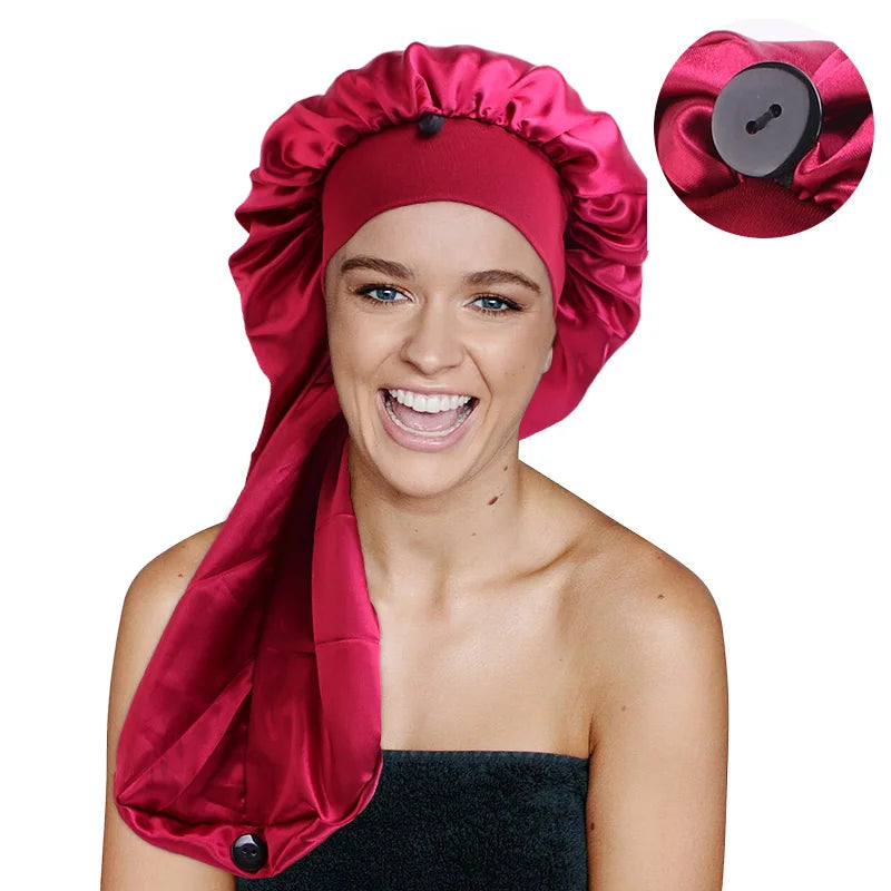 Extra Printed Satin Buckle Bonnet Femmes Africaine Long Tail Chemo Cap Pirate Cap Braid Bonnet With Snap Long Bonnet for Women
