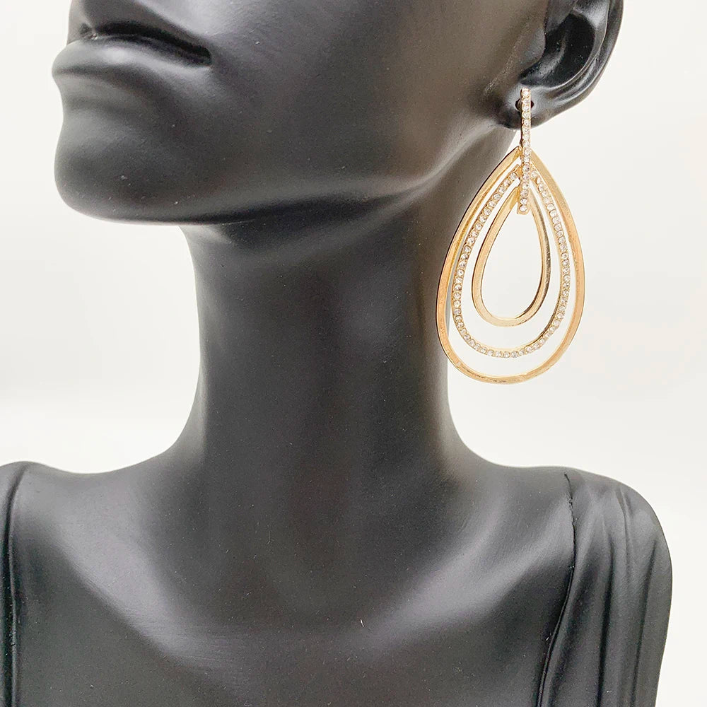 BOXUAN Vintage Fashion Chandelier Earrings Statement Teardrops Layered Design with Gold Plated Casting Alloy and Pave Stones
