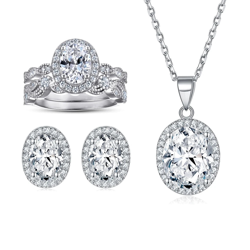 Jewelry Set Halo Double Row Oval Sterling Silver Set