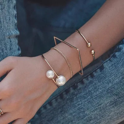 HOVANCI Gold Plated Multi-Layer Bracelet Fashion Minimalist Geometric Square Frame Bangle with Imitation Pearl for Wedding Gift