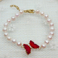 Manufacturer's Gold Plated Beaded Bracelet Cute Potato Shaped 7-8mm Freshwater Pearl Butterfly Glass Stainless Steel Buckle Gift