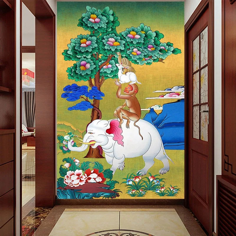 Monkey Elephant Tree Mural Living Room Sofa Bedroom Tv Background Wallpaper Entrance Aisle Wallpaper Wall Cloth
