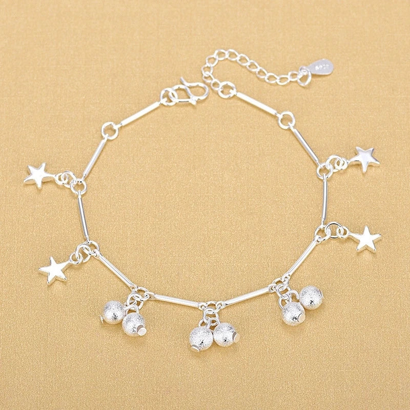Fashion 925 Sterling Silver Frosted Beads Star Charm Bracelet for Women Jewelry