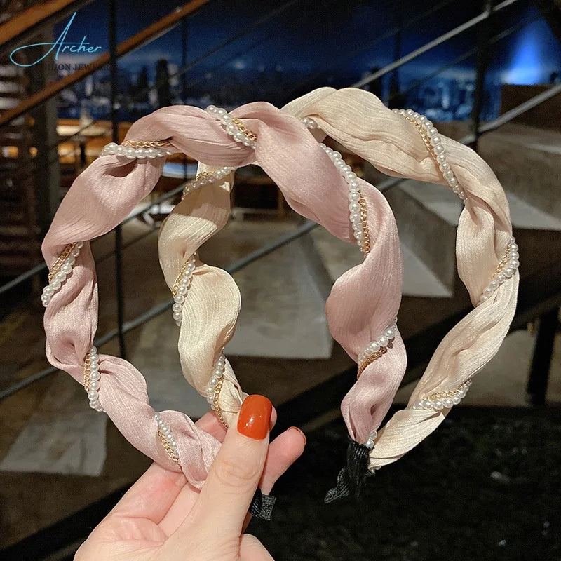 Pearl Pleated Hair Band Korean Hair Clip Vintage Twist Satin Wrap Hair Accessories Wholesale Simple fairy Net Red Hoop