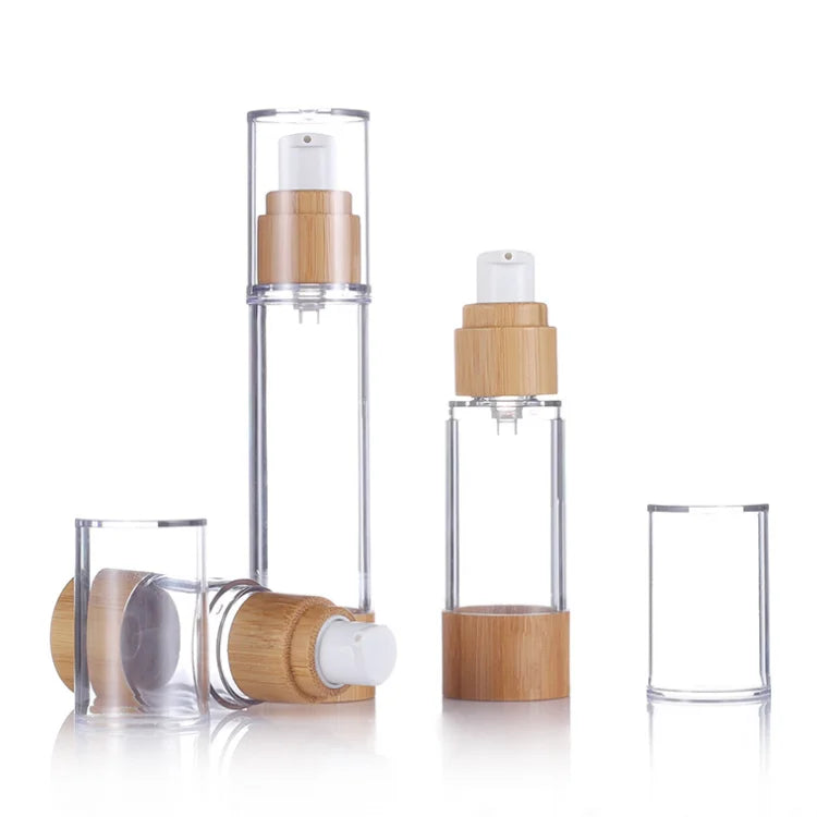 Skincare Cosmetic Packaging 15ml 30ml 50ml Screw Refilled Empty Airless Serum Container Bamboo Lotion Pump Bottle