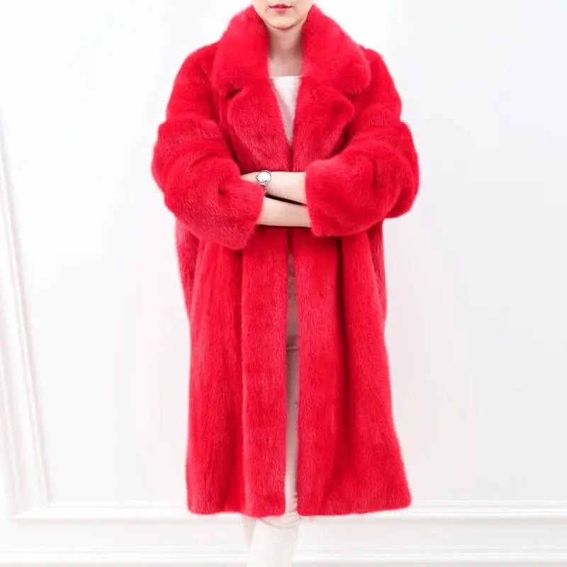 Winter Thick Low Price Recycle Polyester Turn-down Collar Red Faux Fur Long Coat Women